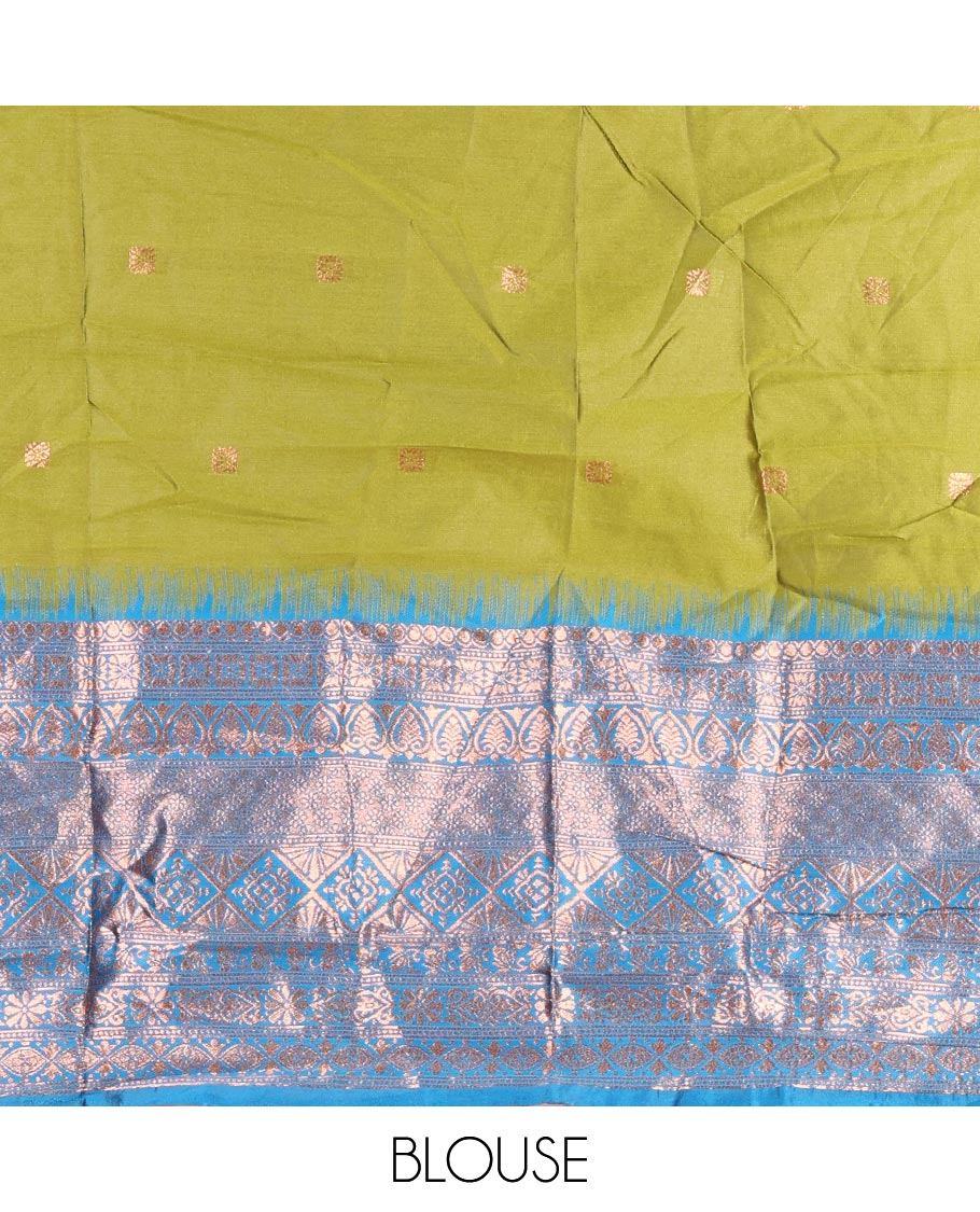 Green taffeta silk half saree, zari buttas with contrast blue traditional zari border skirt, matching zari design blouse, and contrast plain zari border syska georgette dhavani