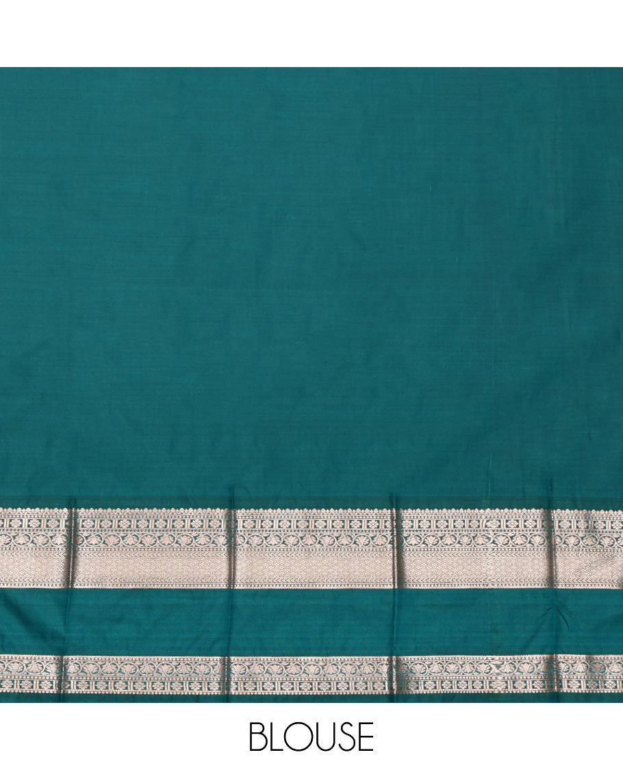 Red Budget Silk Saree, Adorned with Zari Buttas, Complemented by a Contrast Traditional Zari Rettai Pettu Border, Pallu of Intricate Design, and a Contrast Blouse