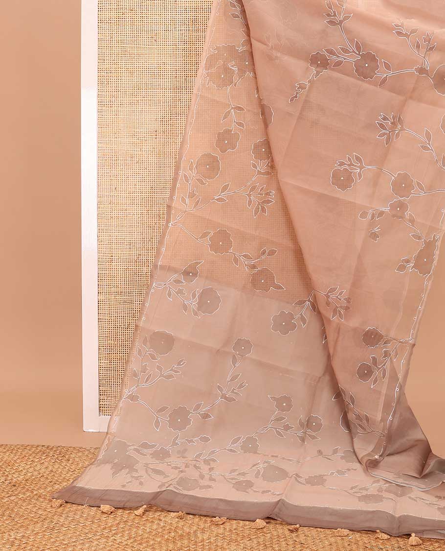 Borderless light brown all-over floral design organza saree
