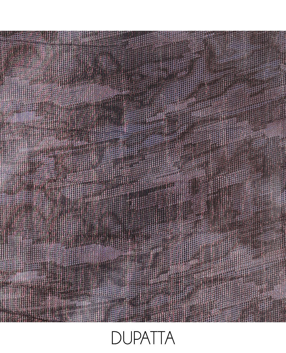 Black material chudidar set, abstract printed with mirrorwork vichitra silk top, santoon bottom, and abstract printed shimmer georgette dupatta