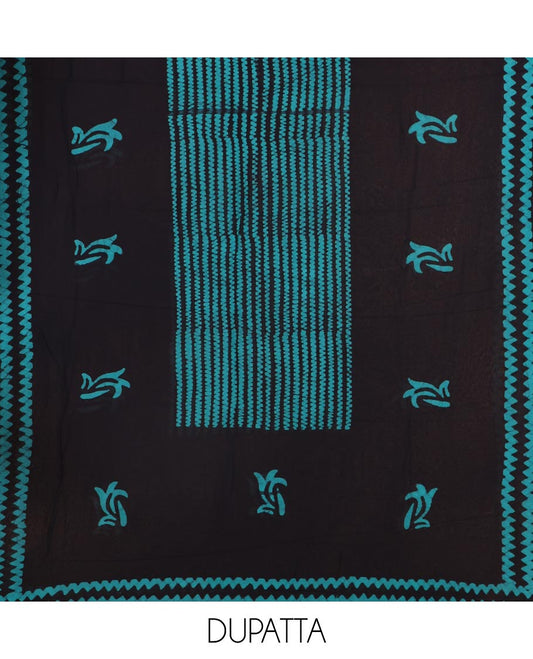 Navy blue and Rama green material chudidar set, batik print with kantha embroidered top, plain contrast bottom, and batik printed dupatta