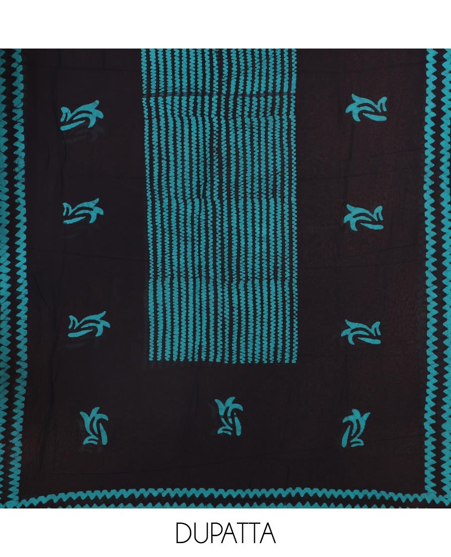 Navy blue and Rama green material chudidar set, batik print with kantha embroidered top, plain contrast bottom, and batik printed dupatta