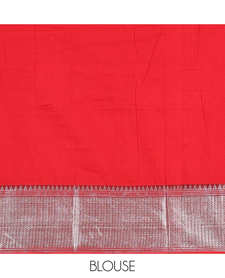 Red-Maroon Mercerised cotton half-saree, plain & contrast temple geometric border skirt, matching blouse & contrast zari border Vichitra silk dhavani