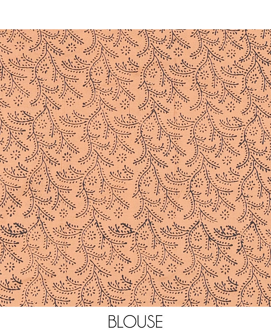 Borderless black peacock motifs printed South cotton saree with a matching blouse, and a contrast floral motifs printed blouse