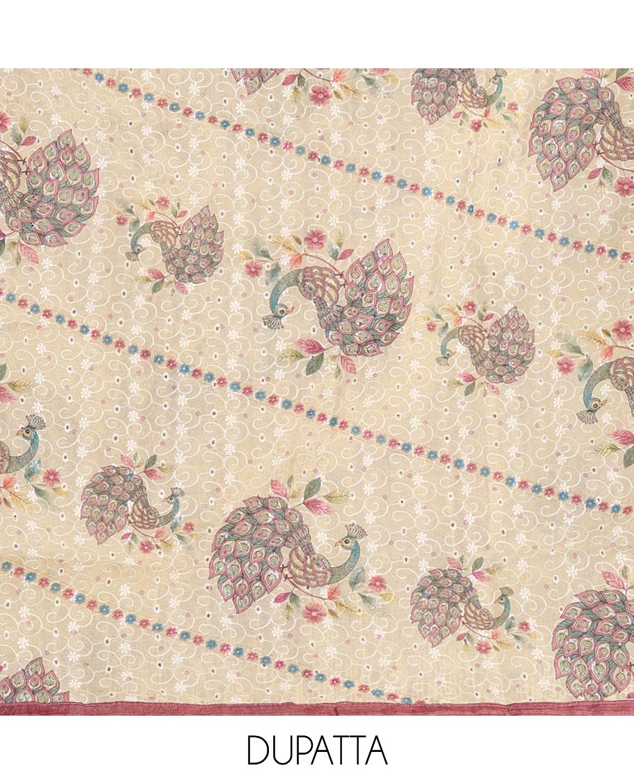 Magenta tissue material chudidar set, peacock printed with neck patch embroidered top, plain bottom, dupatta of peacock print, and cut work