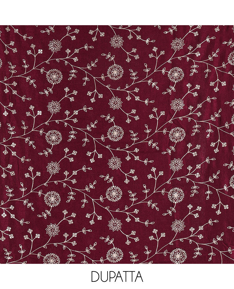 Pink Vichitra silk material churidar set, floral motifs embroidered top, contrast Santoon bottom, and floral vine thread embroidered scallop dupatta