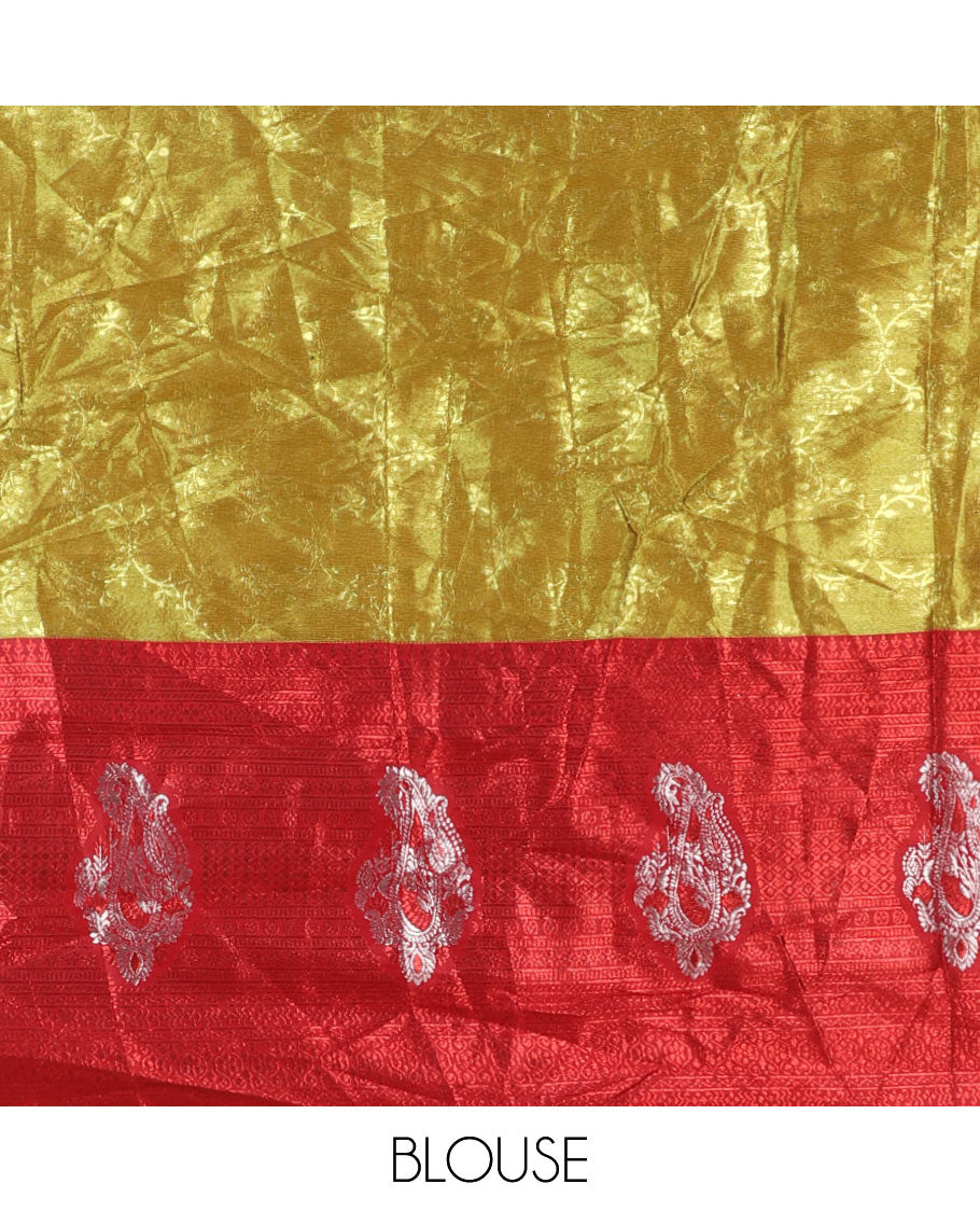 Mustard- pink half-saree, floral jaal jacquard banarasi skirt, contrast traditional zari stone work border, matching blouse, and contrast scallop embroidered velvet organza dhavani