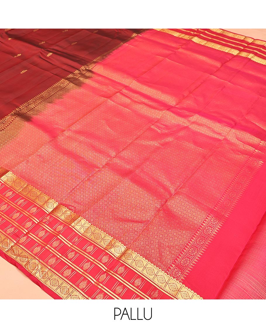 Maroon Vasundhara Lite Silk Mix Saree, Decked Up with Zari Buttas All Over Its Body, Complemented by a Contrast Border of Rekku, Muthu, and Diamond Designs, Grand Jaal-Design Pallu, and Paired with a Contrast Blouse