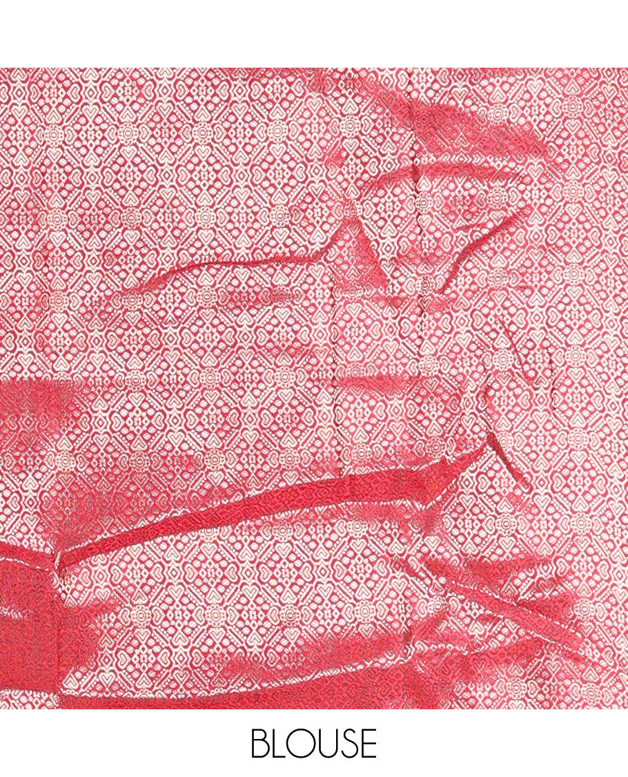 Cream with rani pink semi-banarasi half-saree, zari buttas with contrast traditional zari border skirt, zari jacquard blouse, and zari design dhavani