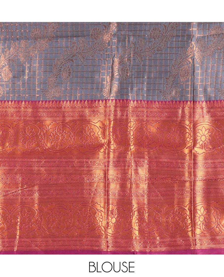 Grey-Wine Semi-Banarasi Half-Saree Features Jacquard Skirt, Contrast Traditional Border, Matching Blouse, and Syska Georgette Dhavani