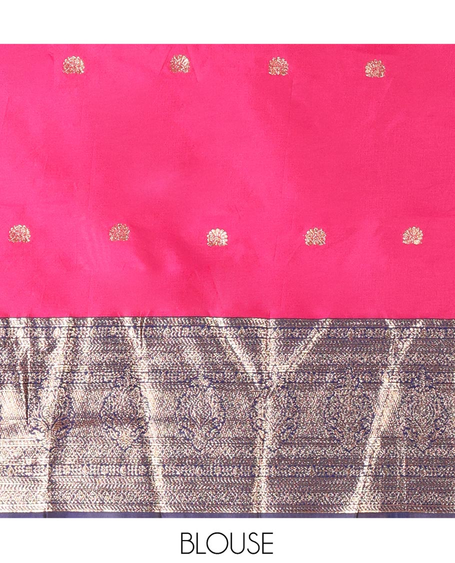 Pink and Navy Blue Semi-Banarasi Half-Saree, Adorned with Zari Buttas on Its Skirt, Complemented by a Contrast Traditional Zari Designs Woven Border, Paired with a Matching Blouse, and a Satin Georgette Embroidered Scallop Dhavani