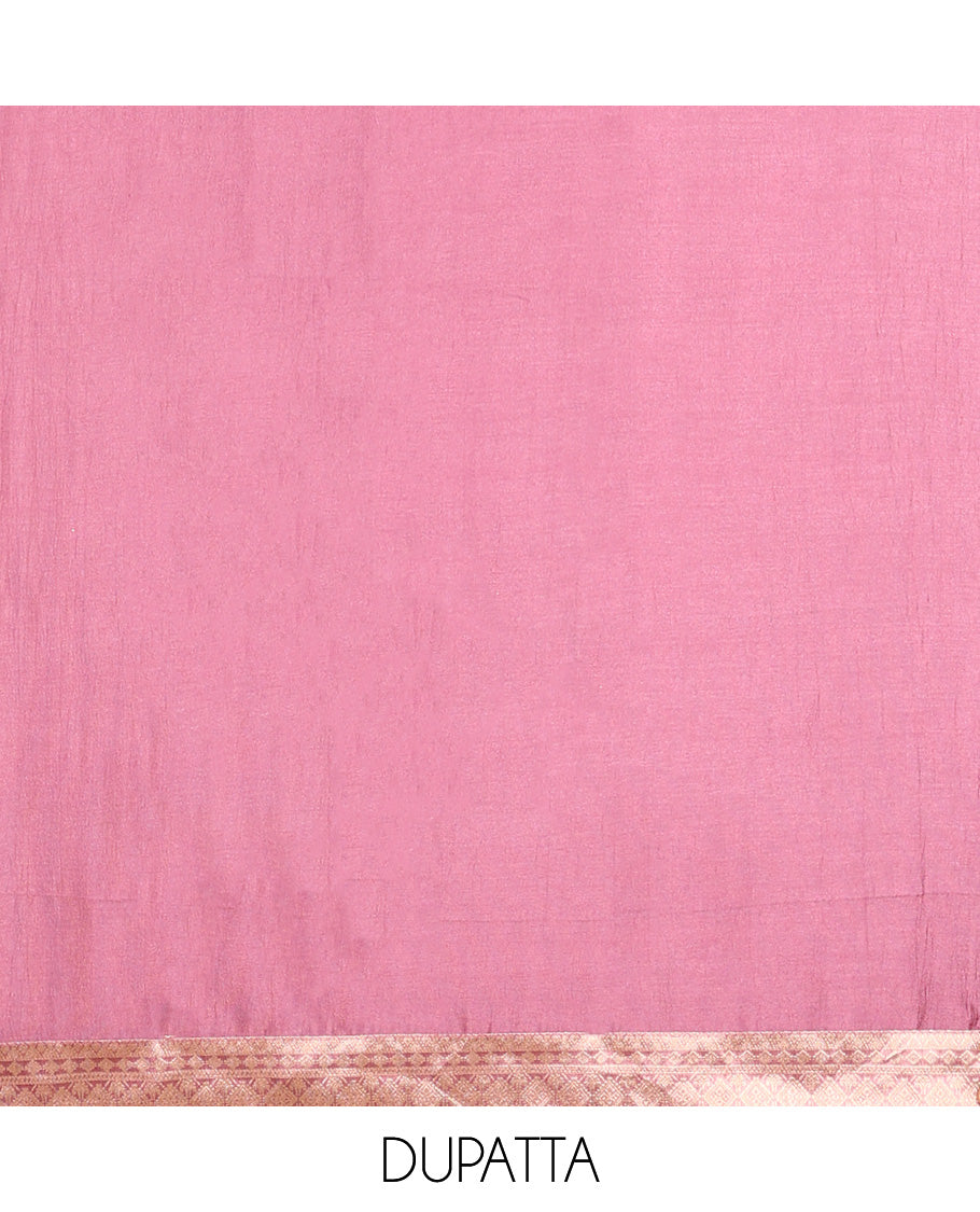 Onion pink chudidhar material vichitra silk neck zari border with bum bum work , santoon material pants & double side border vichitra silk dupatta