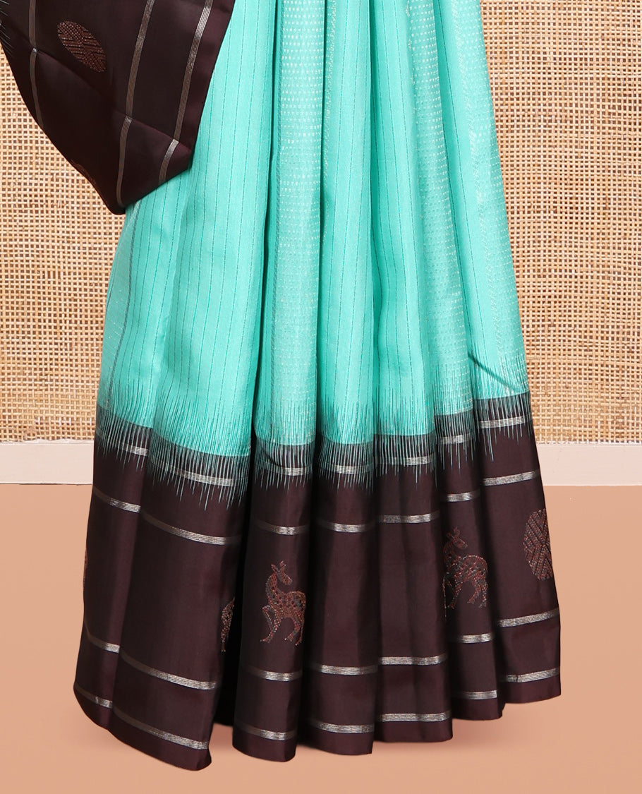 Green Striped Kanchipuram Silk Saree, Complemented by a Contrast Border of Maan and Rudraksham Motifs, Jaal Pallu, and Contrast Blouse