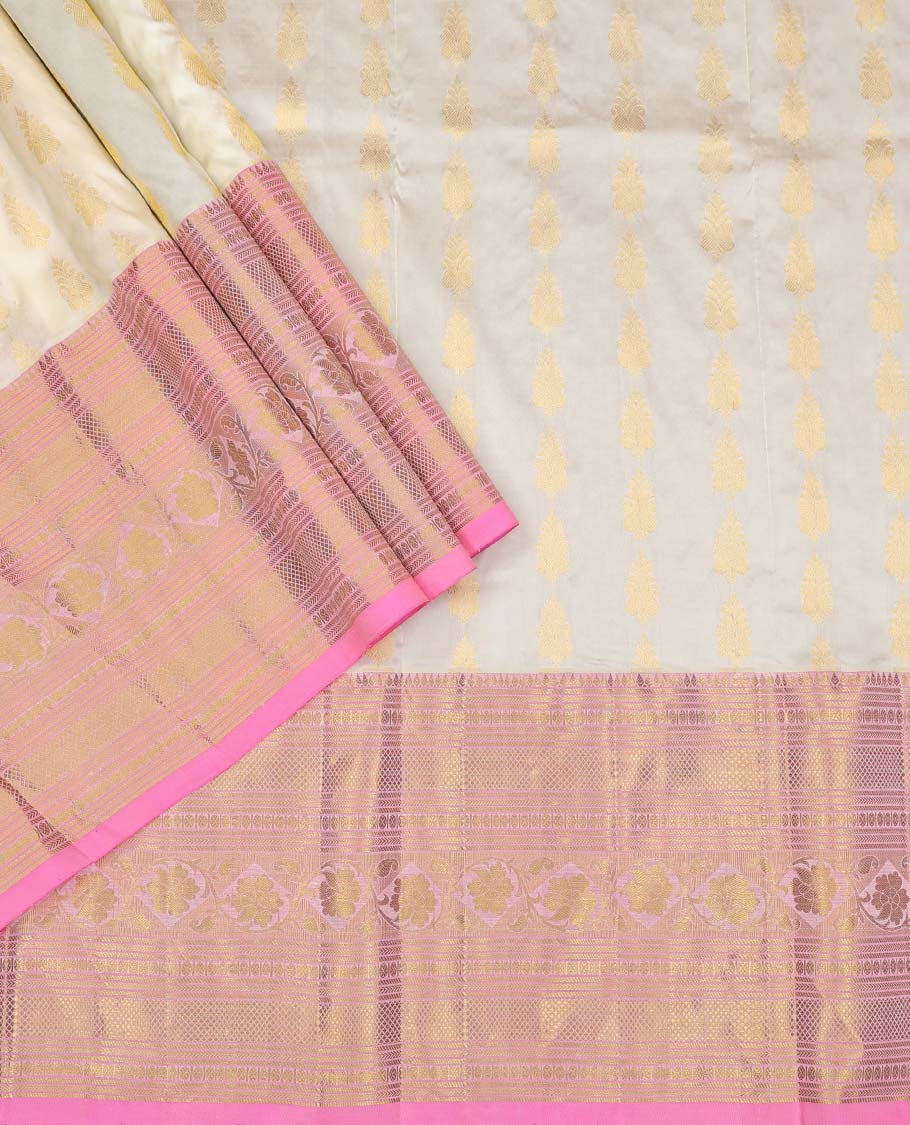 White floral buttas pure silk half saree with contrast traditional design border, zari design blouse & ogee zari design dhavani