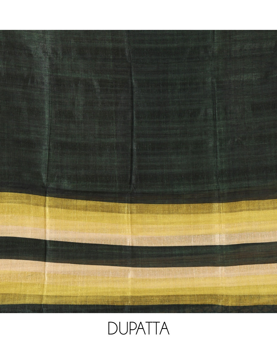 Green material chudidar set, horizontal ombre striped semi-tussar top, plain santoon bottom & horizontal ombre striped dupatta with tassels