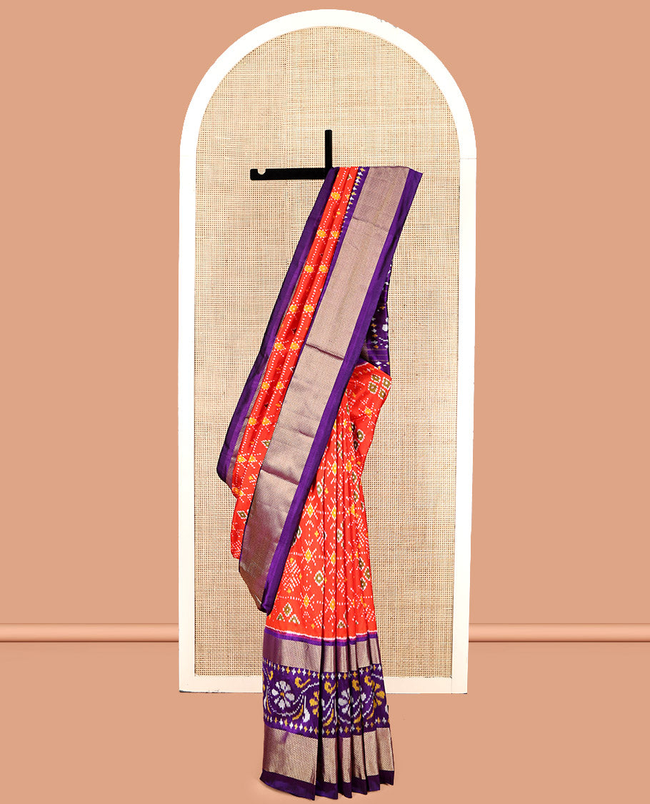 Orange Pochampally Ikat Silk Saree, Accentuated with Intricate Designs, a Contrast Border of Floral Creeper and Peacock-Eye Designs, Floral Creeper Pallu, and a Contrast Blouse