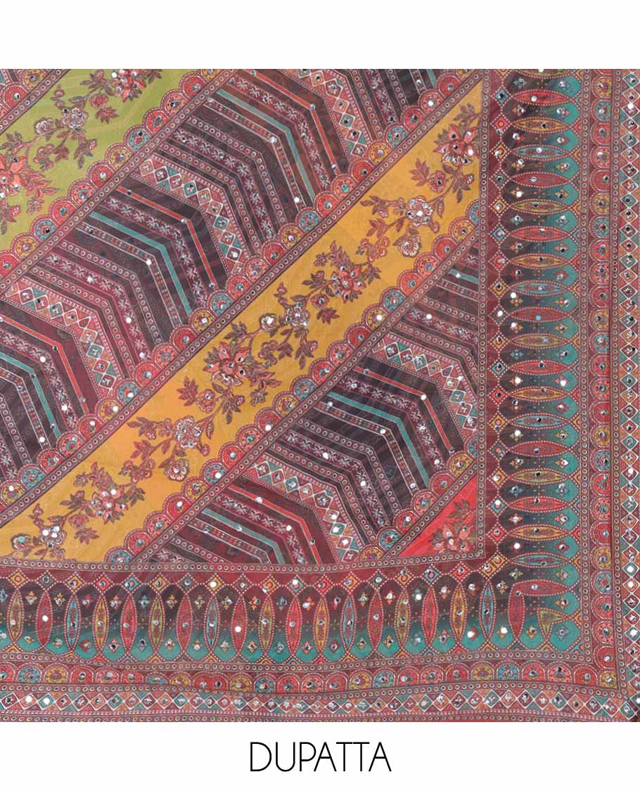Multi-color georgette digital print, mirror work chudidhar material top with santoon material pant & digital, print mirror work dupatta