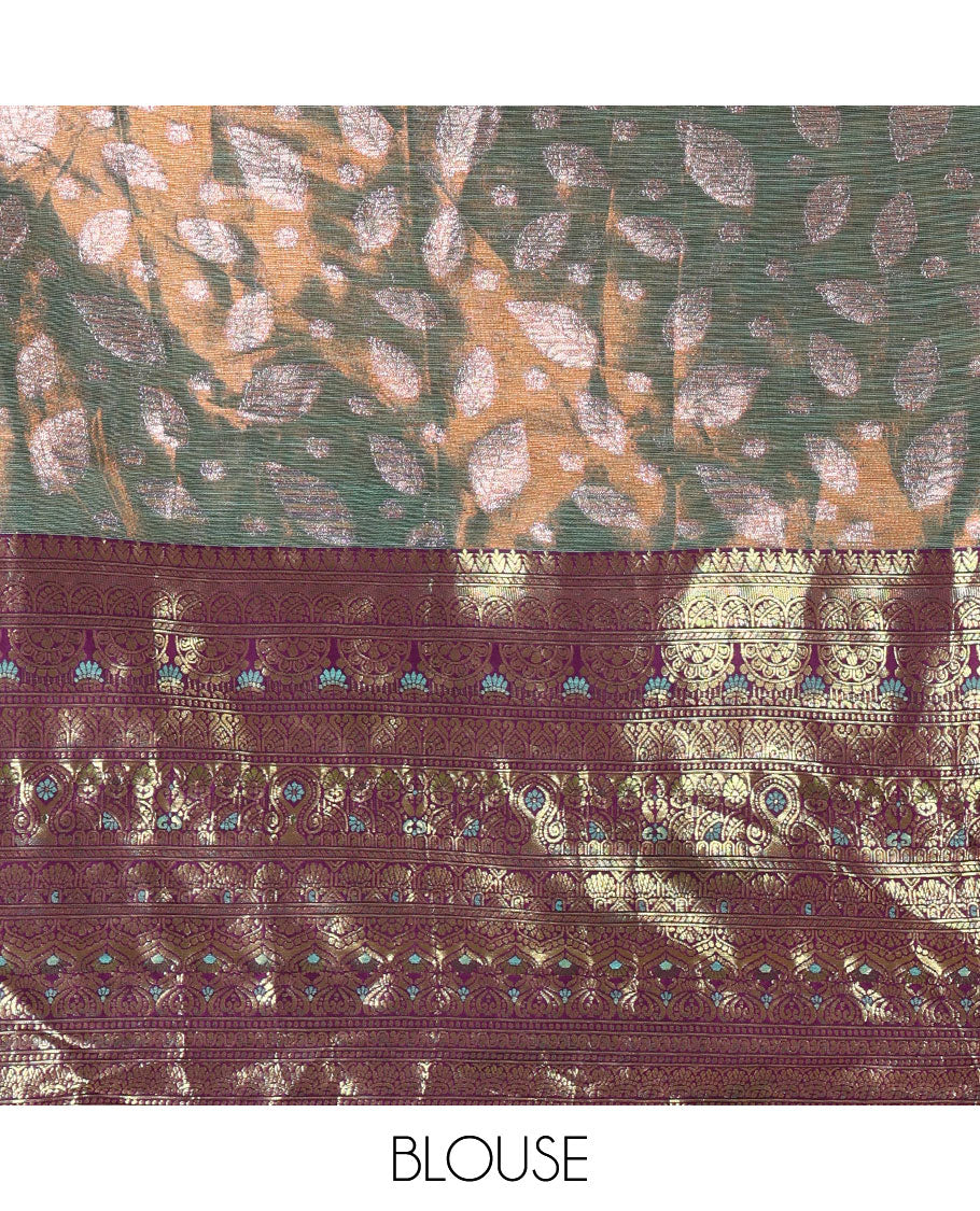 Green and wine half-saree, leaf jacquard with contrast traditional bordered banarasi tissue skirt, a matching blouse, and a contrast scallop embroidered fendi organza dhavani