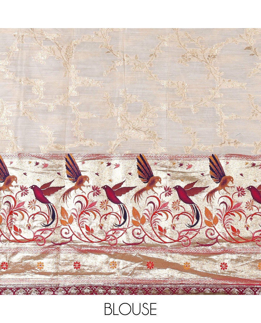 Cream banaras halfsaree, jaal jacquard skirt, contrast green paithani border, matching blouse, and Syska georgette embroidered dhavani