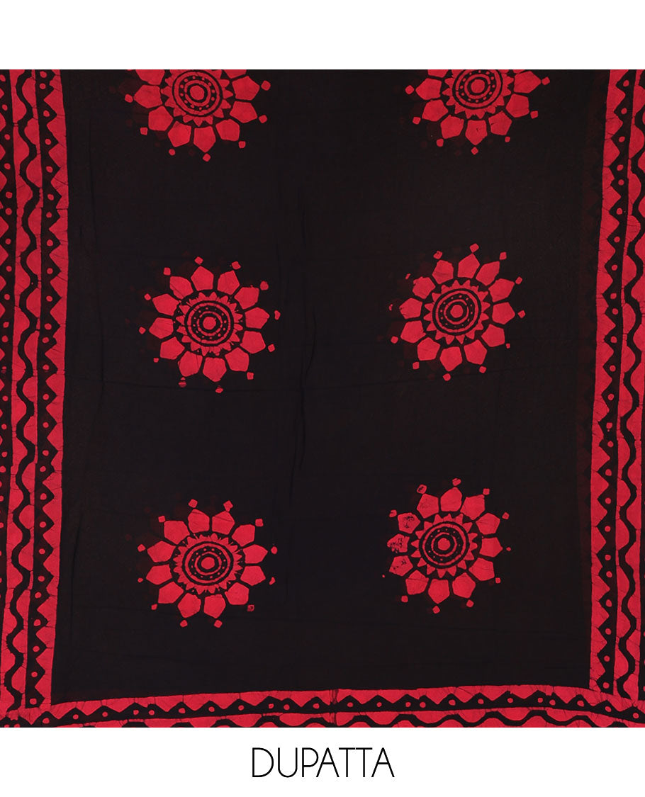 Black-rani pink material chudidar set, chevron stripes hand block printed viscose georgette top, contrast santoon bottom, and viscose georgette hand block printed dupatta
