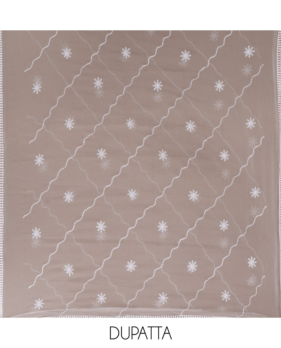 Grey chudidar material set, floral embroidery with daman crochet lace work jam cotton top, white thread argyle design embroidery with lace work nazlin dupatta, unique motifs printed bottom