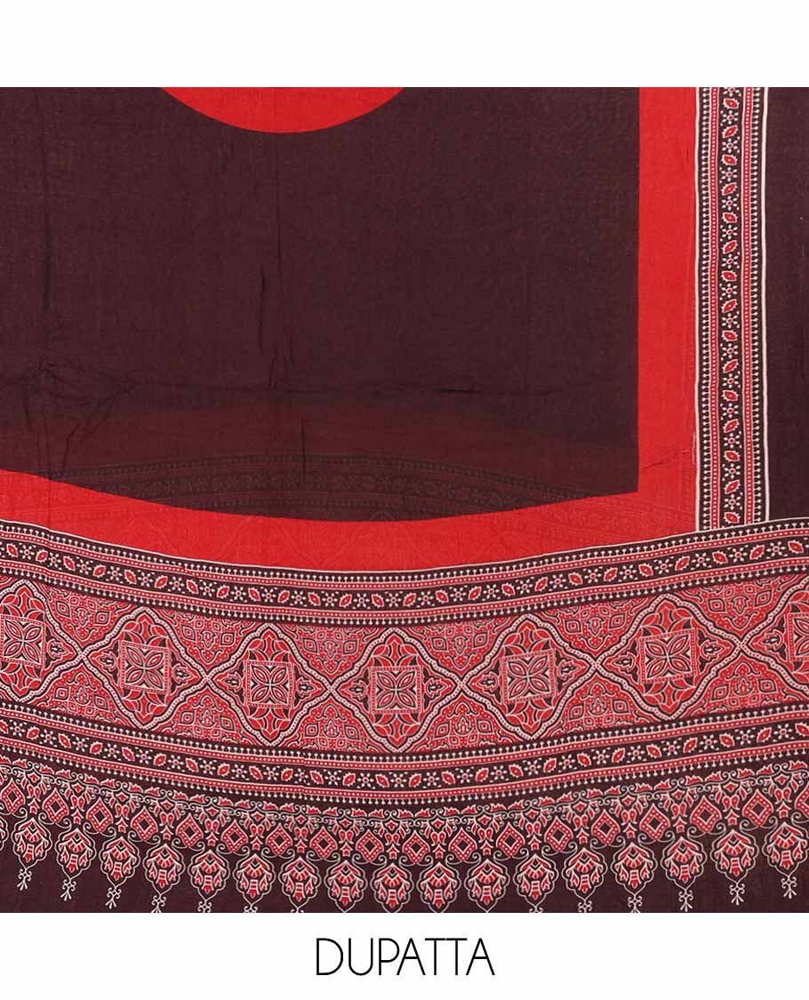 Brown ajrak print rayon chudidhar material top with rayon material printed pant & mul mul votton ajrak printed dupatta