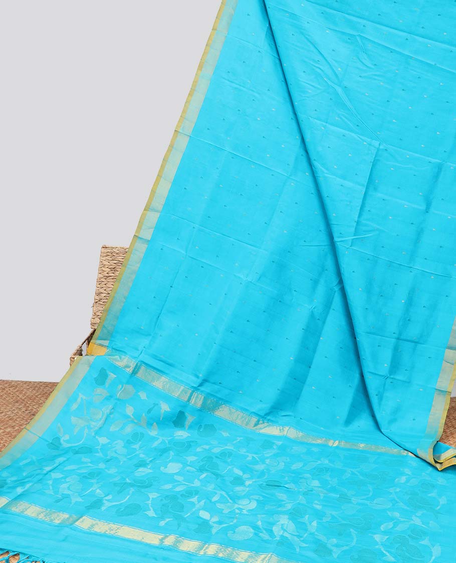 Blue motifs uppada silk saree with contrast zari border & floral design pallu