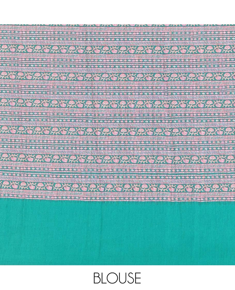 Maragatha Green Green-Silk Saree, Mesmerized with Floral Motifs, Block Print on Its Body, Complemented by a Contrast Thread Embroidered Border, Pallu of Floral Block Print, and Paired with a Contrast Blouse