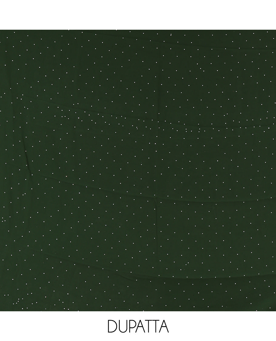 Green Material Chudidar Set, Adorned with Swarovski Stonework and Floral Fox Georgette Top, a Plain Bottom, and Stonework Dupatta
