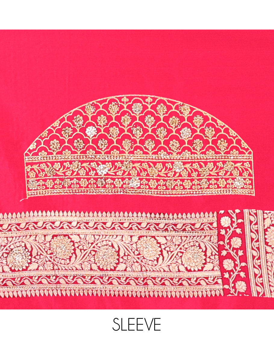 Red Banarasi Satin Saree, Adorned with Floral Jaal Jacquard, a Floral Creeper Border, Intricate Stonework Pallu, and a Matching Blouse