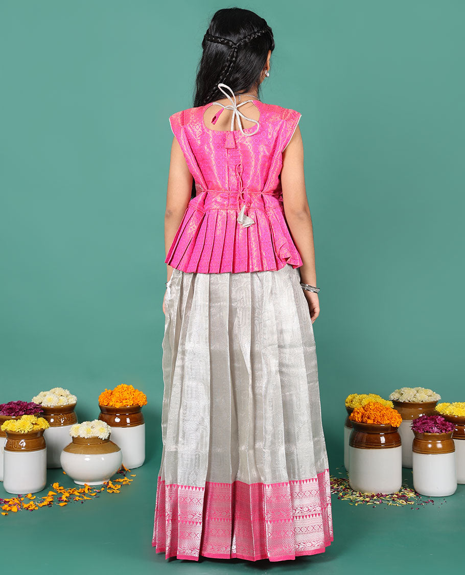 Grey readymade art silk pavadai, plain & contrast traditional zari border skirt & jacquard sleeveless round-neck blouse with belt