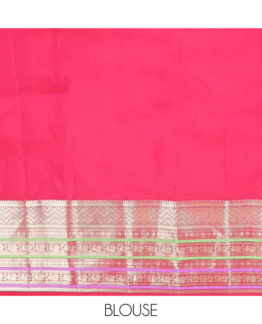 Red zari buttas vasundhara silk mix saree, jaal pallu & self-border of ara bogudi,banaras,muthu,poun,kamalam,neli & mayil