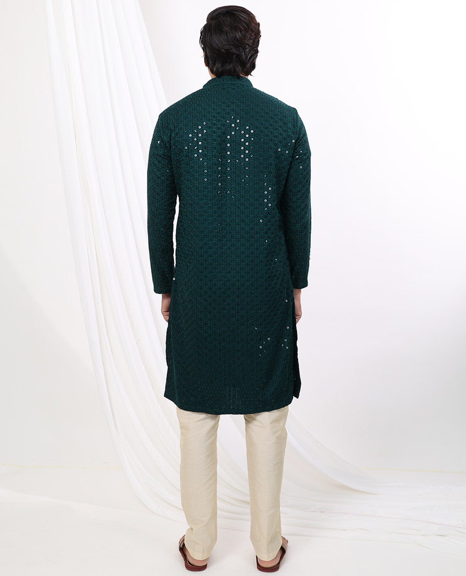 Bottle green geometric embroidery with sequins work mandarin collar & full-sleeve long raw silk kurta