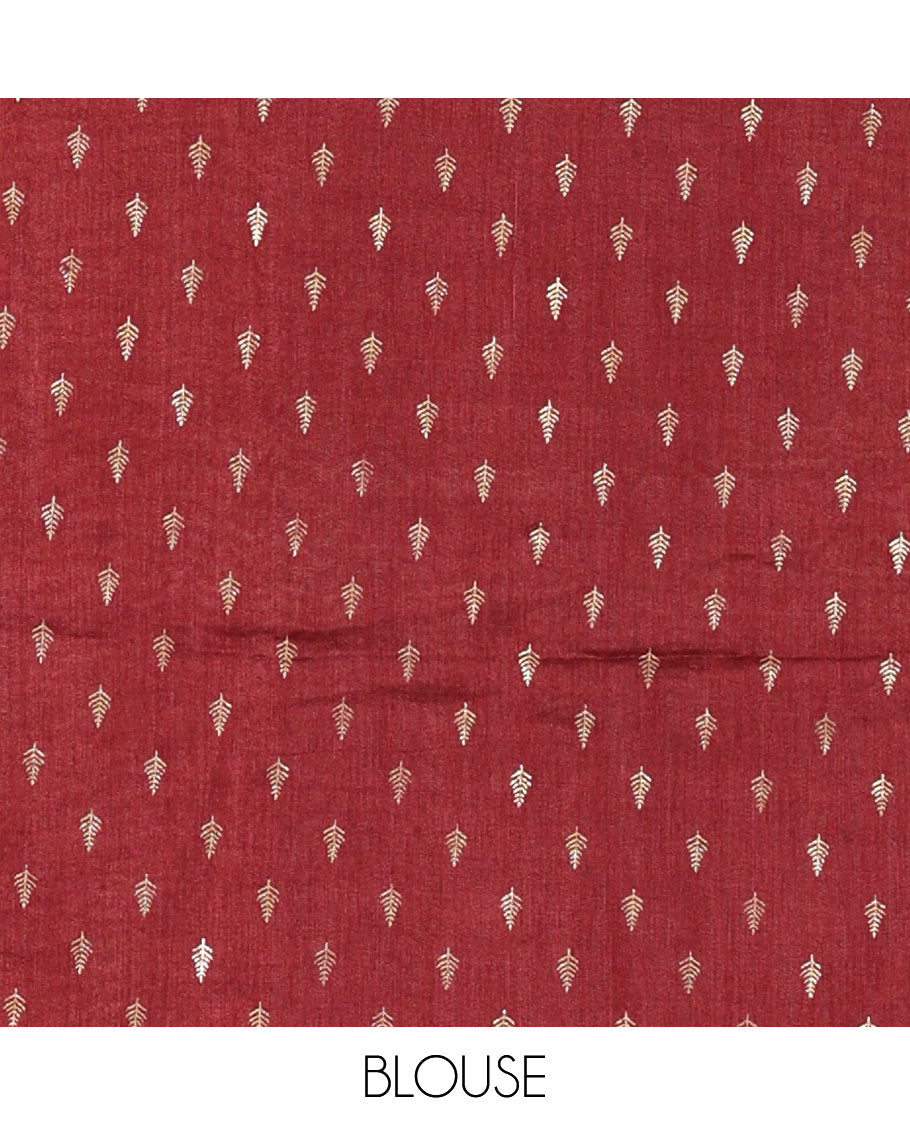 Cream-maroon Vichitra half-saree, plain and contrast bordered skirt, contrast leaf buttas blouse, dhavani of buttas and floral creeper designs