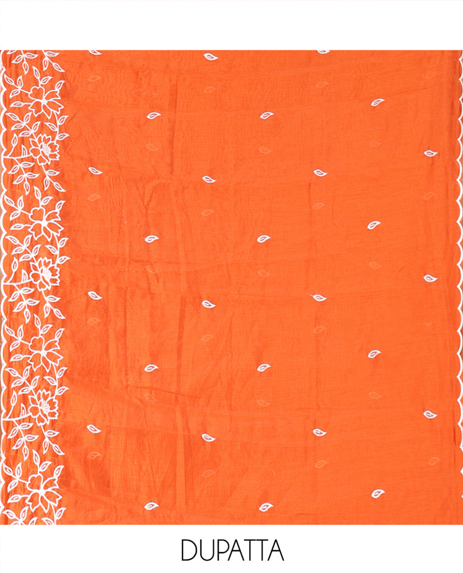 Rust Mul Chanderi Material Chudidar Set, Delicately Woven with Floral Embroidery on Its Top, a Plain Santoon Bottom, and Paired with a Floral Embroidered Scallop Dupatta