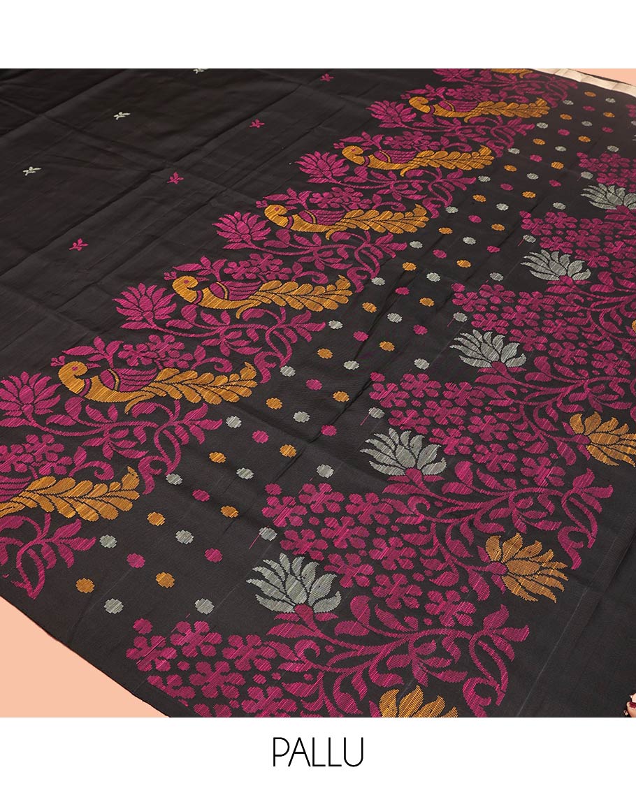 Borderless Black Mayuri Soft Silk Saree, Adorned with Thread Buttas and Mayil Designs All Over Its Body, Pallu Depicts Floral-Peacock Designs, and Paired with a Matching Blouse