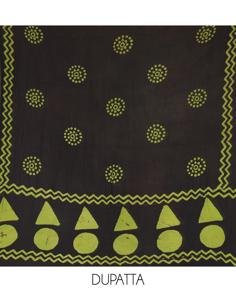 Black and green viscose georgette material churidar set, geometric shapes batik hand block printed top, plain bottom, and batik hand block printed dupatta