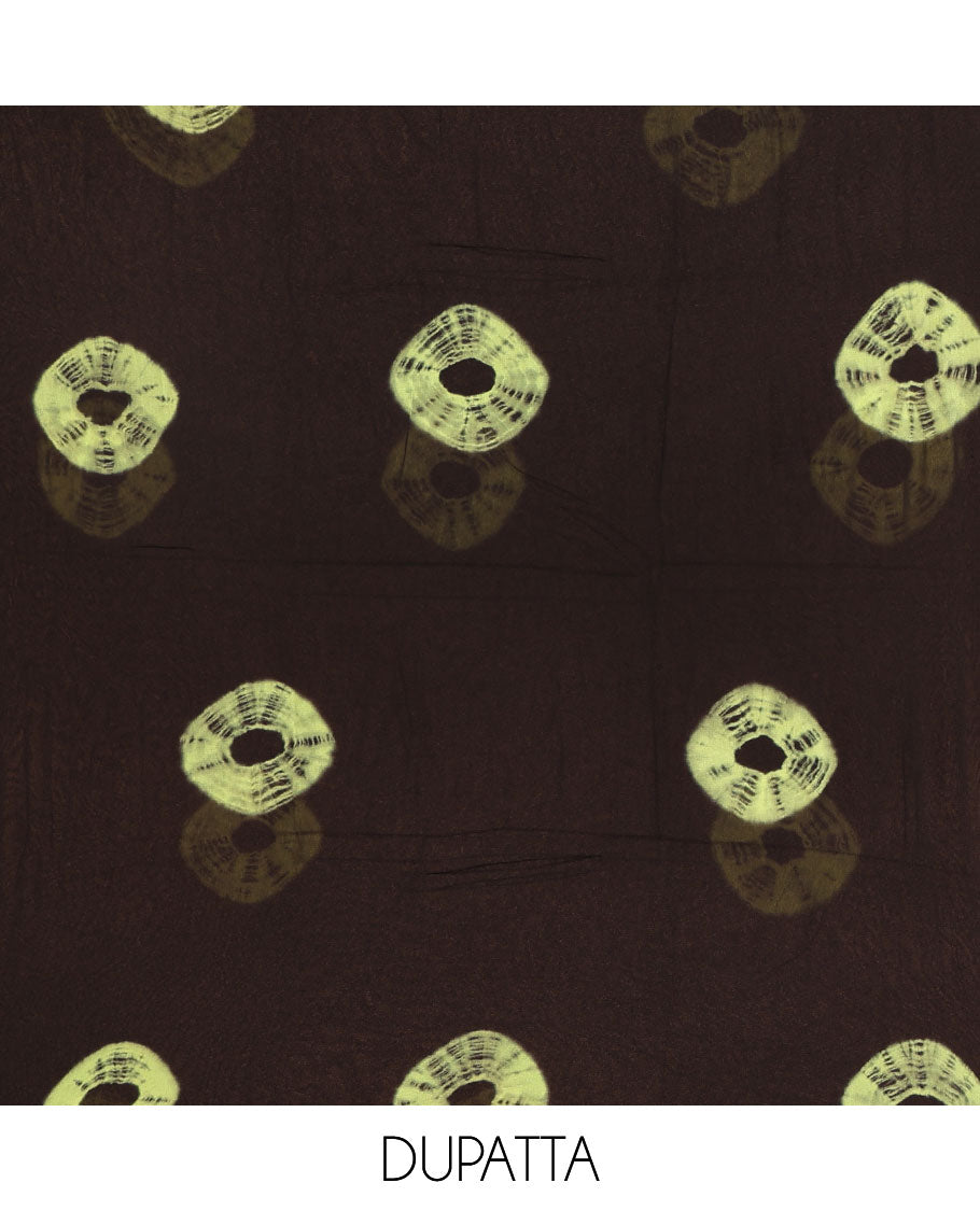 Black and green viscose georgette material churidar set, big bandhani dots printed top, plain bottom, and big bandhani dots printed dupatta