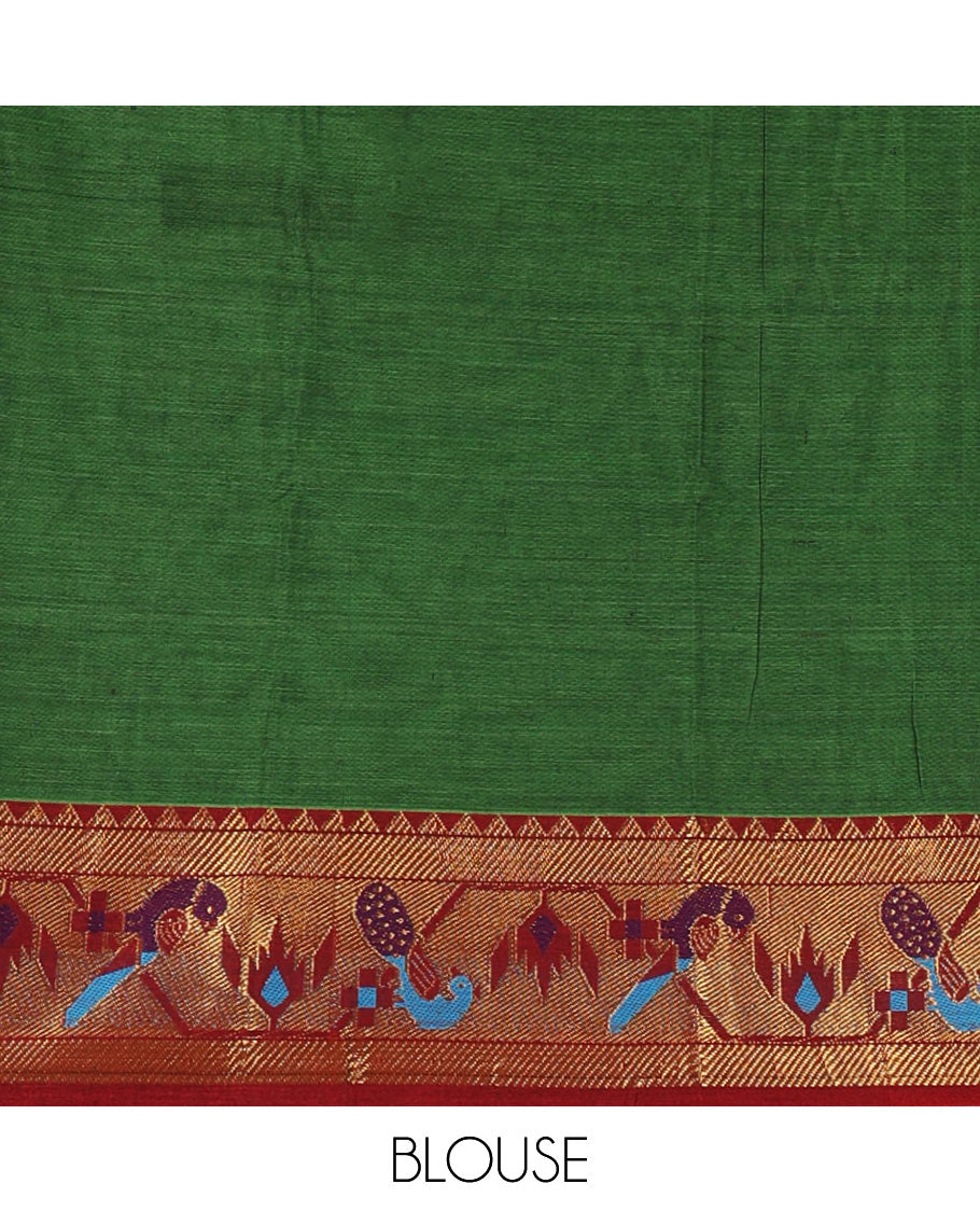 Green mercerised cotton half-saree, plain & contrast paithani peacock border skirt, matching blouse & contrast plain zari border dhavani