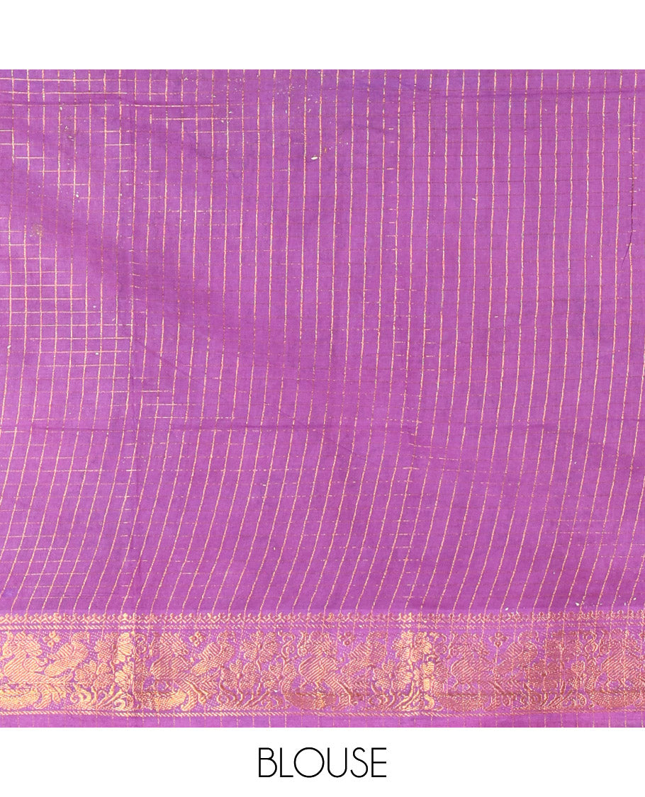Black and Purple Sungudi Cotton Half-Saree, Adorned with Checked Design with Contrast Traditional Design Peacock Bordered Skirt, Comes with a Contrast Blouse, and Is Paired with a Contrast Dhavani