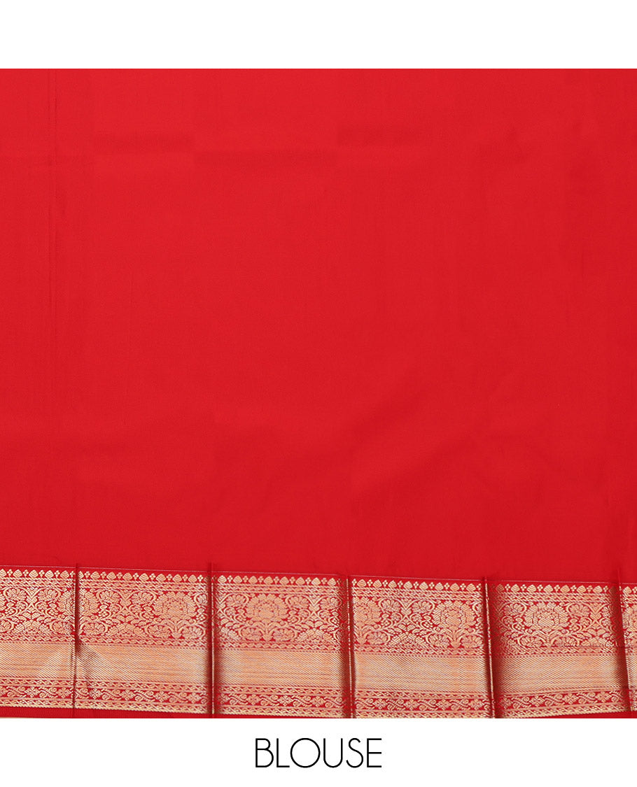 Orange Budget Silk Saree, Finely Crafted with Zari Butta Enclosed Checked Design on Its Body, Complemented by a Contrast Traditional Zari Design Border, Pallu of Paisleys, and Paired with a Contrast Blouse