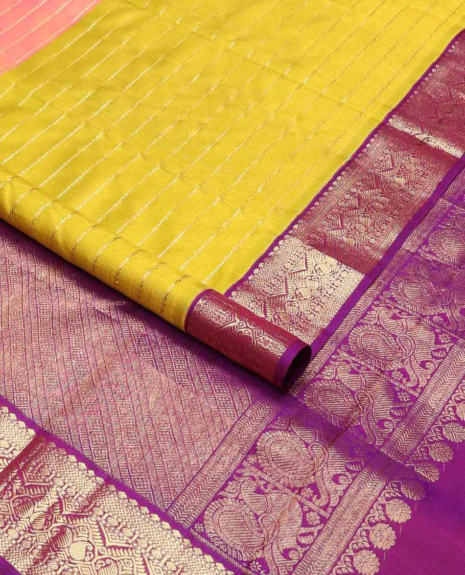 Multi-color striped kancheepuram silk saree with contrast korvai border of thilakam mokku, kathir, paun, manga designs & zari design pallu