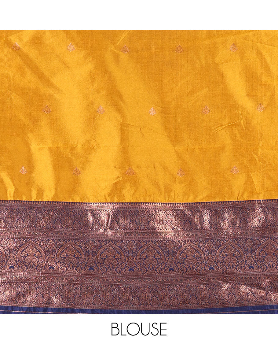 Mustard taffeta silk half-saree, zari buttas with contrast traditional zari bordered skirt, matching zari design blouse, and contrast scallop buttas embroidered dhavani