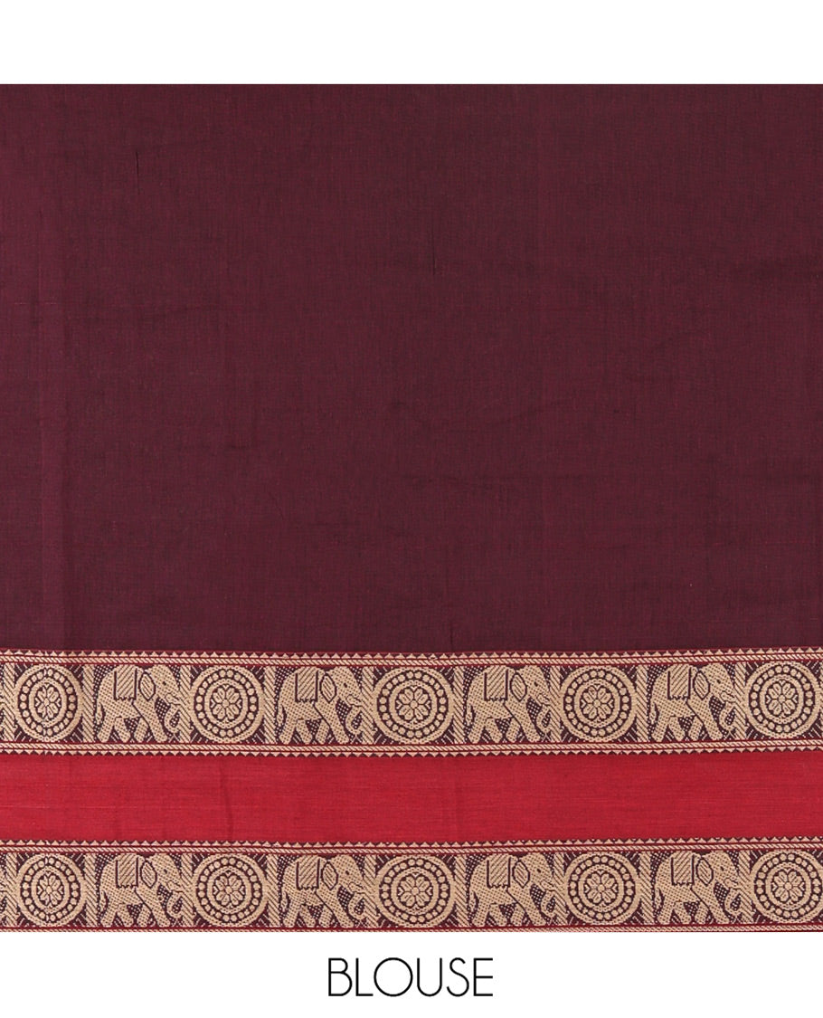 Wine-Red Mercerised Cotton Half-Saree Half-Saree Features Plain with Contrast Rettai Pettu Elephant-Chakram Bordered Skirt, Paired with a Matching Blouse, and Comes with a Contrast Elephant-Chakram-Bordered Dhavani