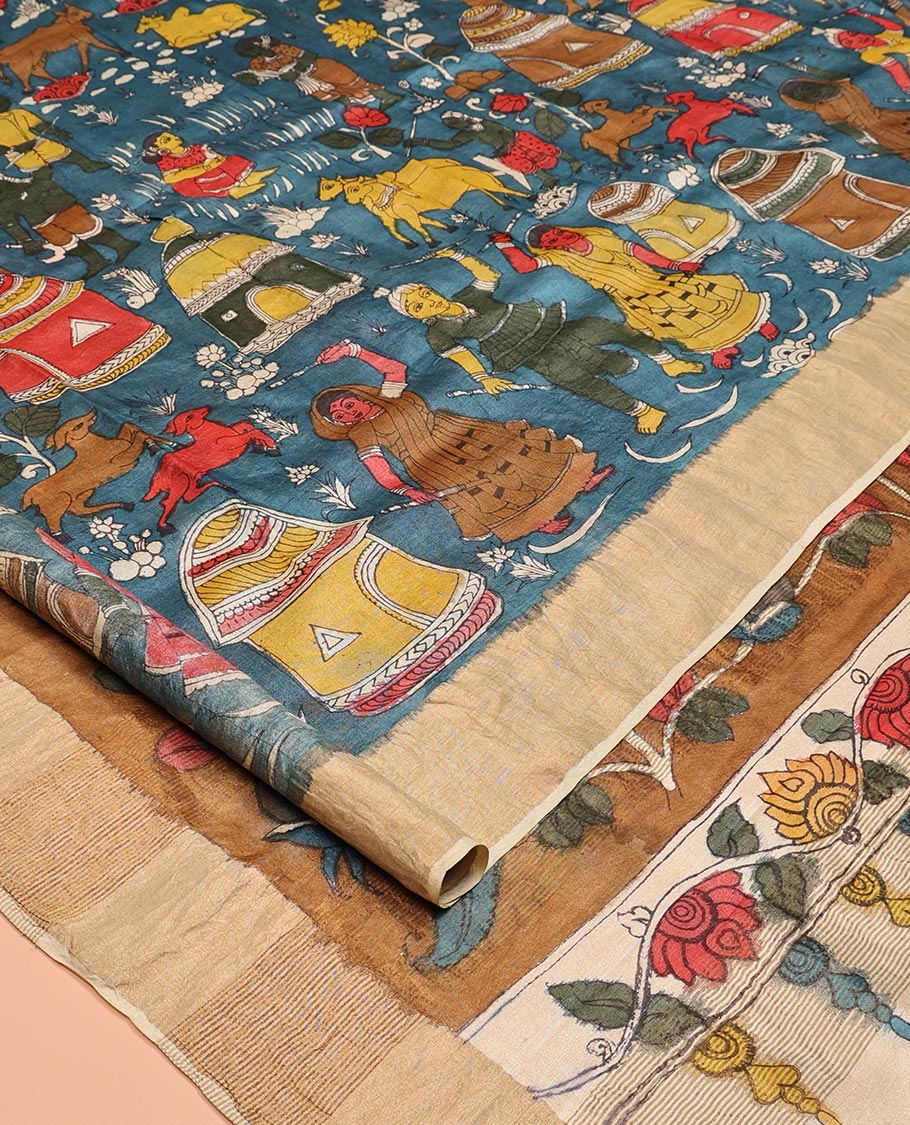 Blue Village-Themed Pen Kalamkari Silk Saree, Adorned with a Contrast Border, and a Contrast Blouse