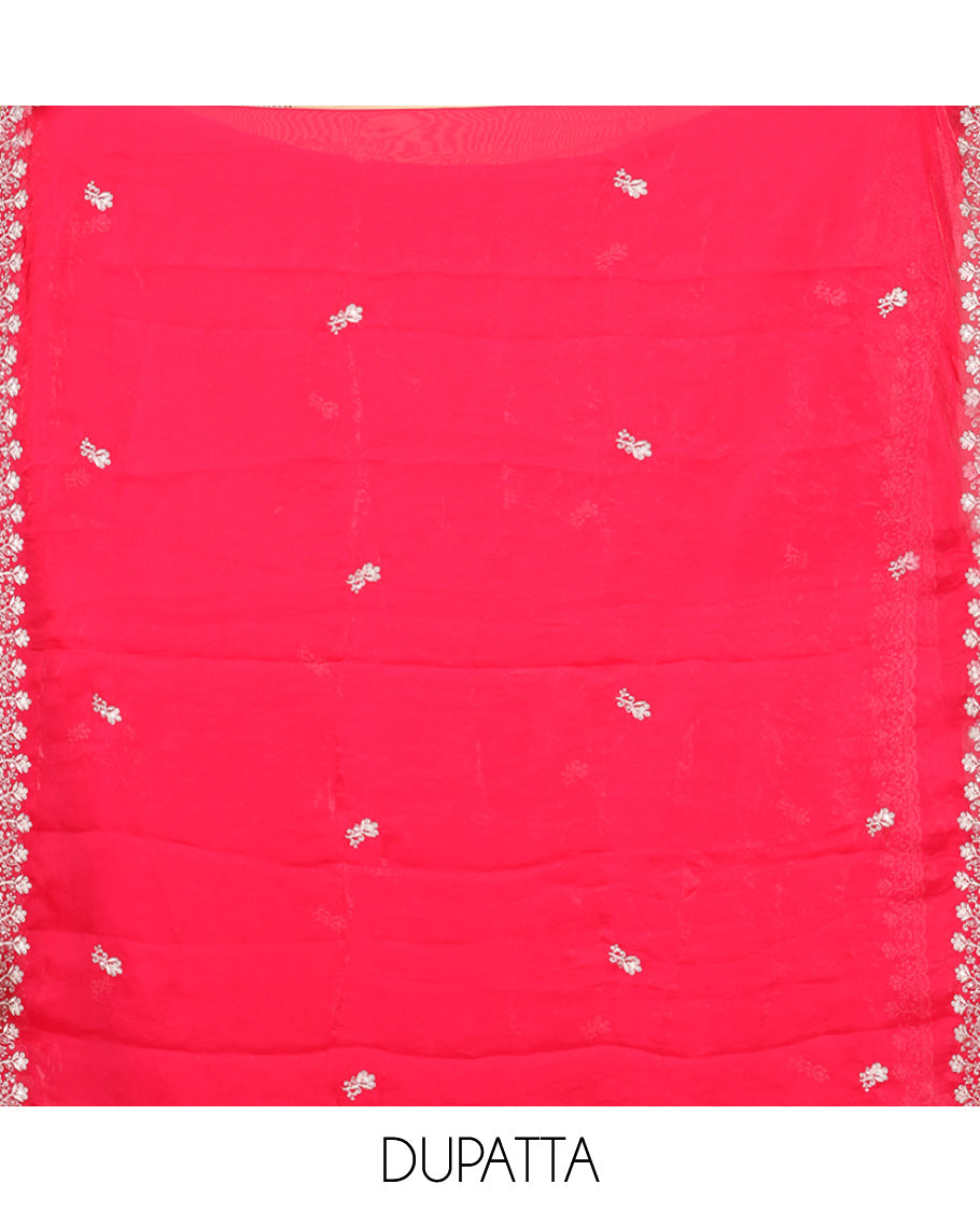 Magenta Fendi Organza Material Churidar Features Embroidered Top, a Santoon Bottom, a Scallop Embroidered Dupatta