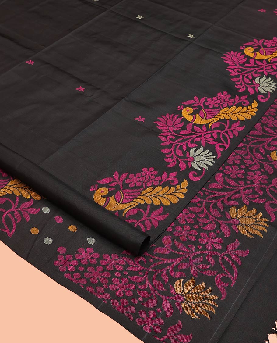 Borderless Black Mayuri Soft Silk Saree, Adorned with Thread Buttas and Mayil Designs All Over Its Body, Pallu Depicts Floral-Peacock Designs, and Paired with a Matching Blouse