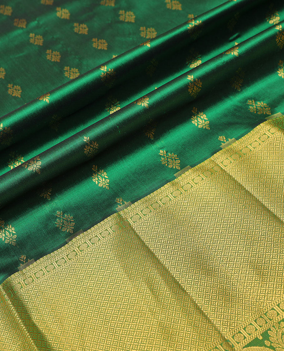 Green floral buttas silk half saree with contrast thilakam mokku, paun design border, zari design blouse & zari design border dhavani