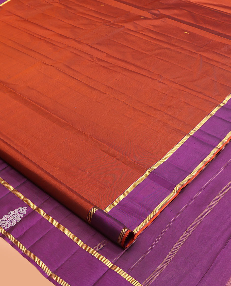 Rust Kanchipuram Silk Saree, Woven with Zari Buttas, a Contrast Traditional Zari Border, Zari Design Pallu, and a Contrast Blouse