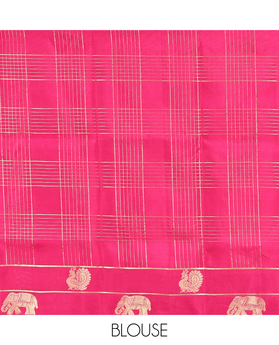 Orange Mayuri Lite Silk Mix Saree, Adorned with Zari Checks, Complemented by Contrast Mayil-Yaanai Border, Pallu of Mayil and Chakram, and a Contrast Blouse